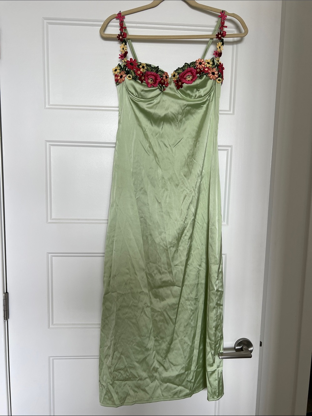 Green midi dress with embroidery flowers